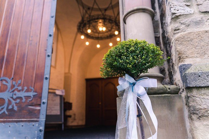Ein geschmückter Buchsbaum steht in einer Kirche.