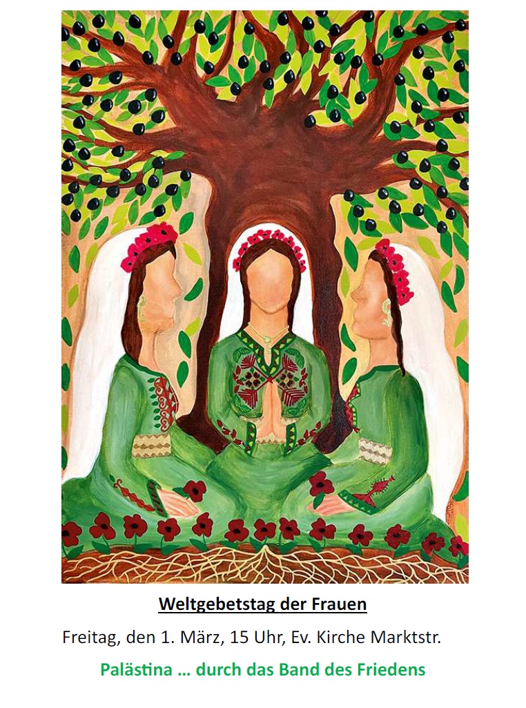 Gemälde: Drei Frauen in Tracht unter Olivenbaum als Symbol für Einheit und Natur.