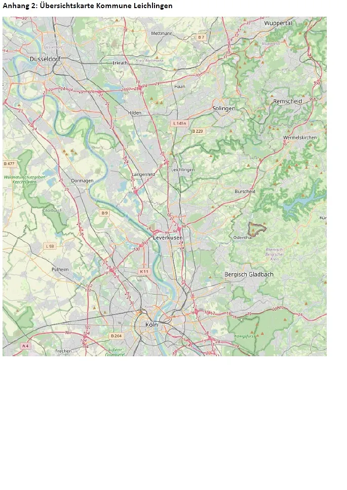 Karte der Region um Köln, Düsseldorf und Leverkusen, mit Städten und Straßen.
